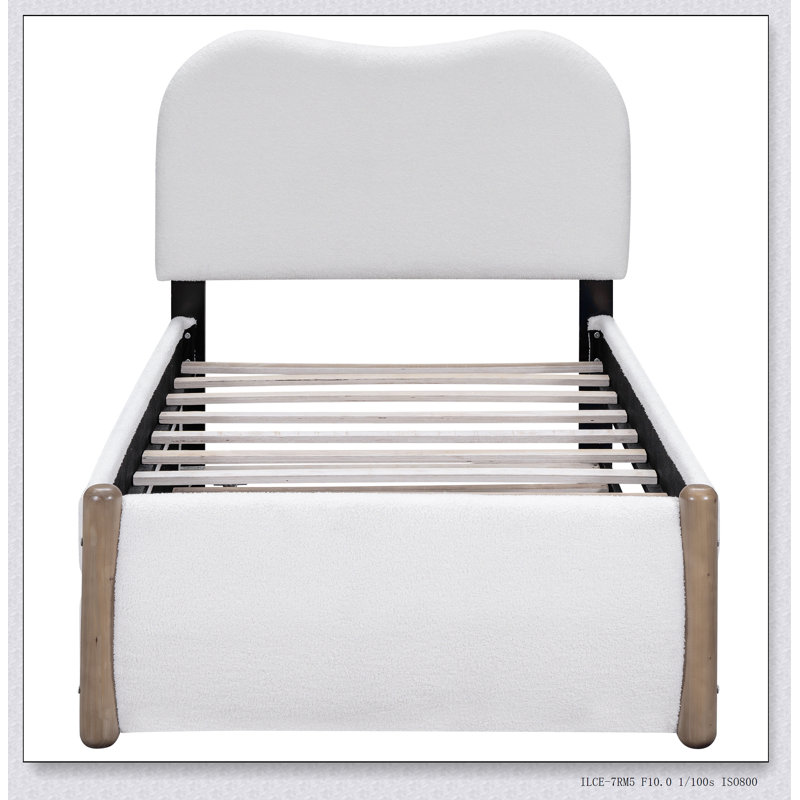 Lit plateforme tapissier avec pieds de soutien en bois et lit gigogne, Lit simple