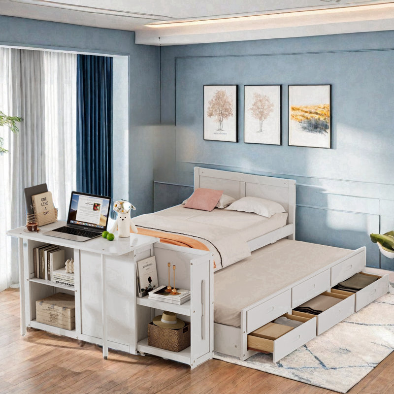 Multifunctional Marksbury With Desk And Storage Shelves, Built-in Trundle And 3 Drawers, White