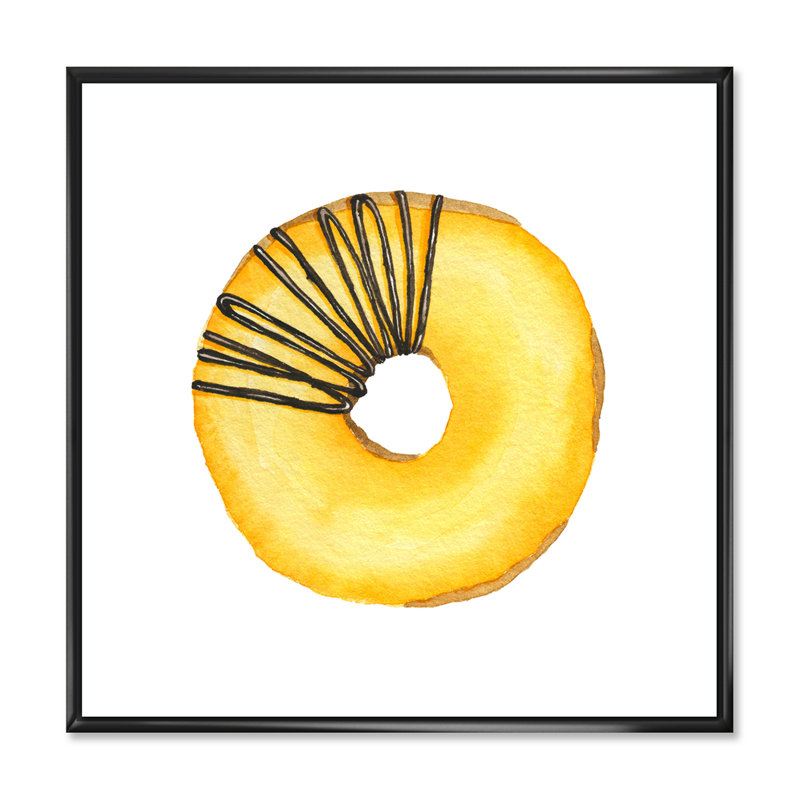 Donut jaune avec chocolat - peinture sur toile, H 17 po x l 17 po x P 1 po, Cadre noir