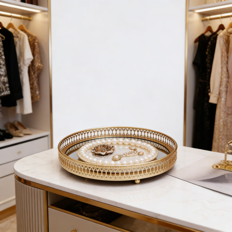 Plateau de coiffeuse en miroir avec cadre en métal doré - Rangement décoratif pour bijoux et parfums