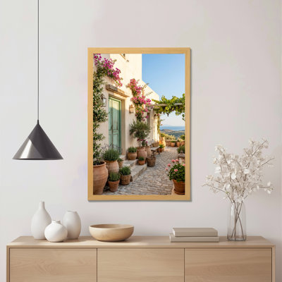 Villa méditerranéenne avec des bougainvilliers en fleurs et des pots en terre cuite, reproduction d'art sur toile tendue