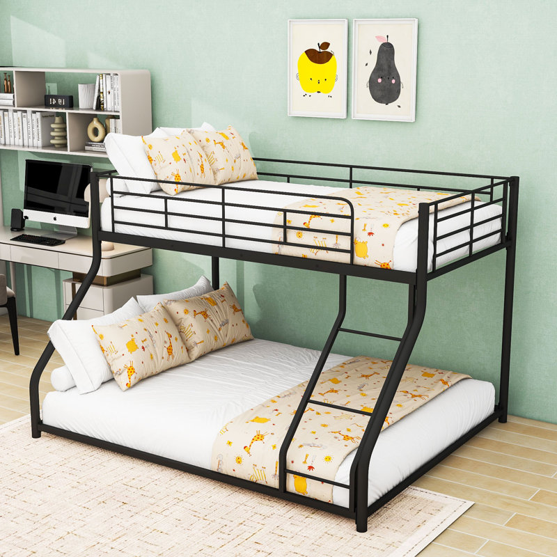Metal Bunk Bed With Ldder,Slats And Guardrail, Twin XL Over Queen