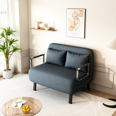 Fauteuil-lit convertible de 39 pouces, réglable, 2 places, revêtement en velours pour une nuit confortable, avec oreiller, structure en métal, bleu et gris, usage domestique