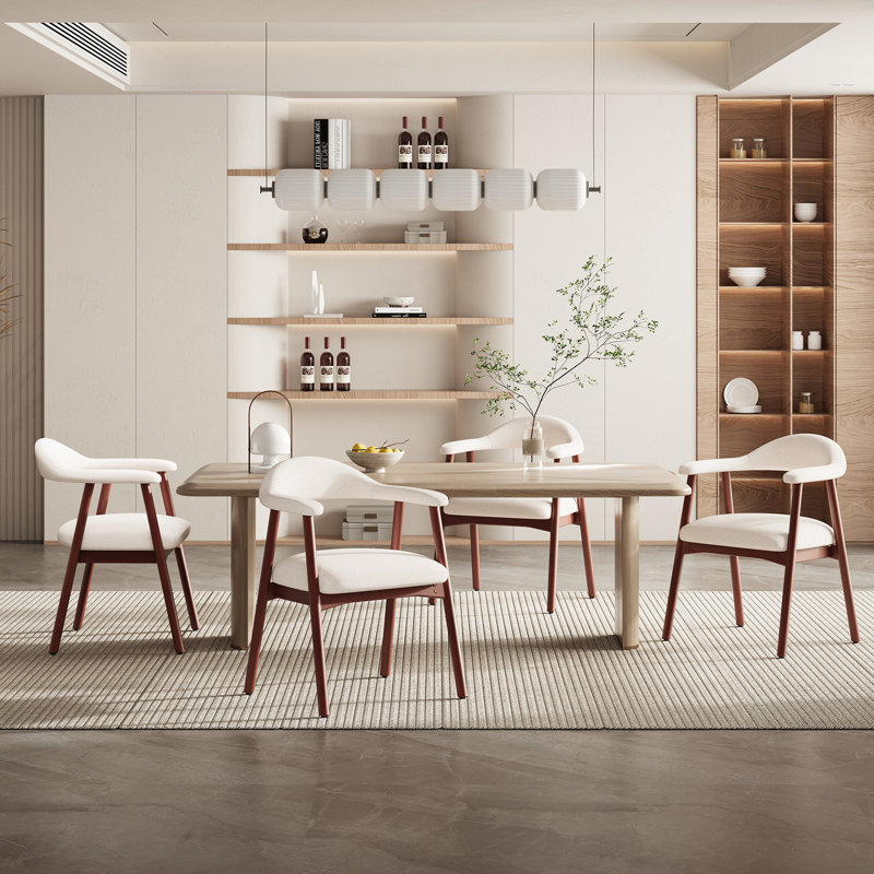 Upholstered Dining Armchairs With Solid Wood Legs, Fabric Beige