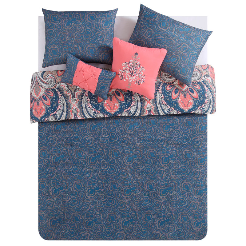 Full Coral Microfiber Reversible Comforter Set with Decorative Pillows