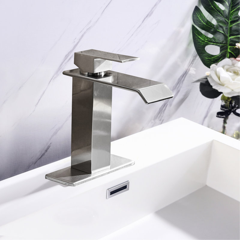 Stainless Steel Bathroom Vanity Faucet With Waterfall Spout And Uncomplicated Single Contemporary Faucet, Single Handle, Brushed Nickel