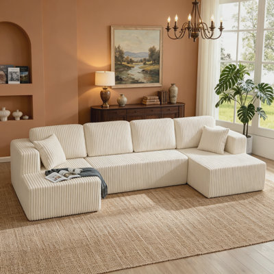 Beige   U-Shaped Modular Sectional Sofa, Compressed Corduroy Couch For Living Room