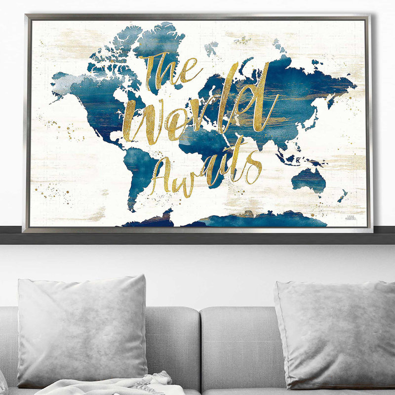 «Desert Blooms Abstact Map the World» par Laura Marshall - impression, Cadre flottant argent, H 27,5 po x l 43,5 po x P 2 po