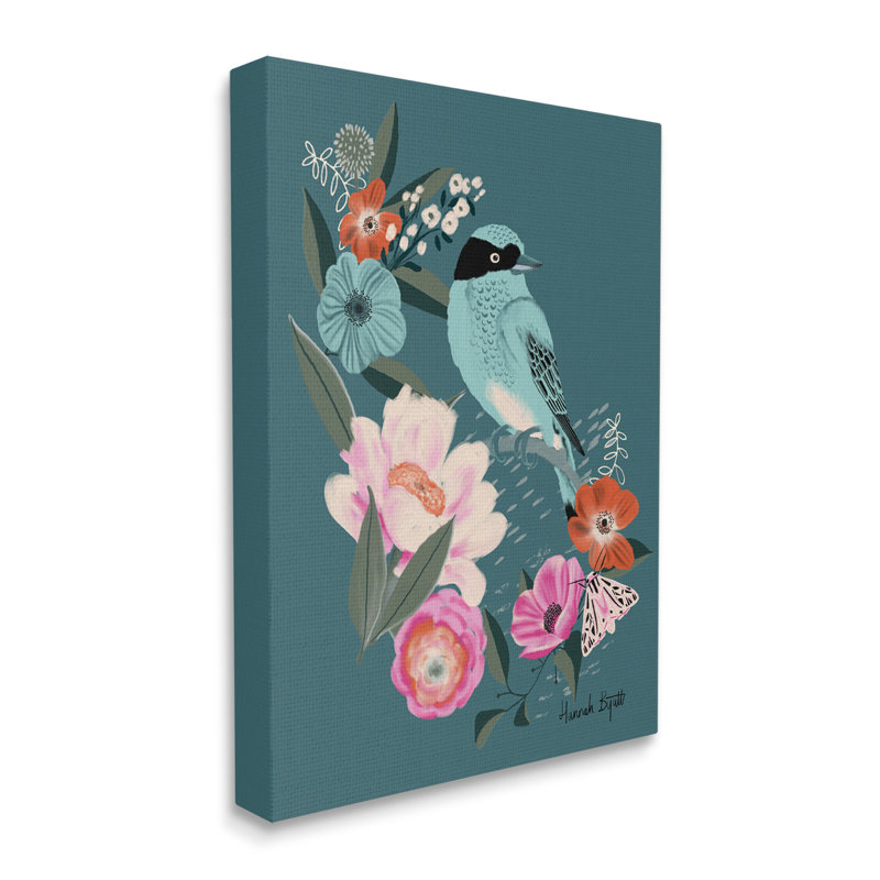 "Blue Bird And Flowers On Canvas" par Hannah, impression, H 20 po x l 16 po x P 1,5 po, Giclée encadrée noir minuit