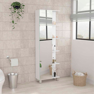 Armoire à linge en miroir, quatre tablettes intérieures, cinq tablettes extérieures
