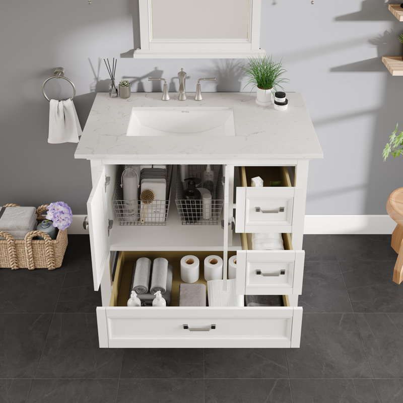 Meuble-lavabo en porcelaine encastrable l 36 po x P 22 po Glebs, Blanc, Quartz - blanc de Carrare