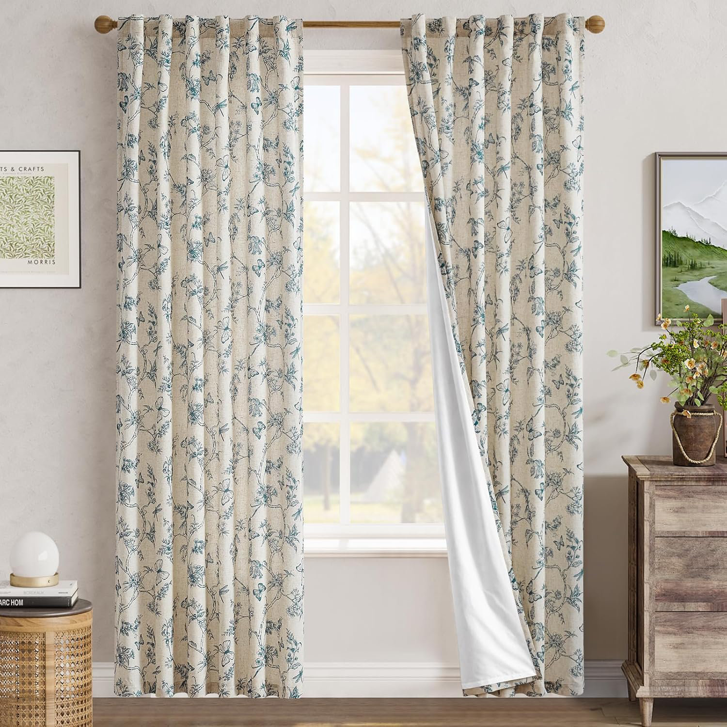 JINCHAN Linen Blend Floral Curtains for Living Room Rod Pocket Cutain