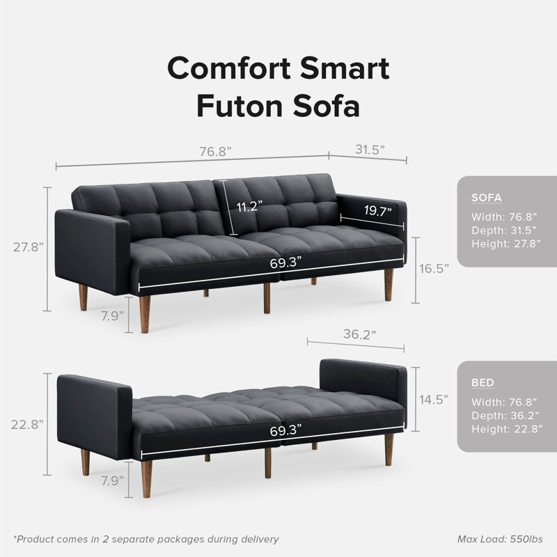 Reiana Twin 76.8'' Faux Leather Convertible Sofa, Midnight Black Faux Leather