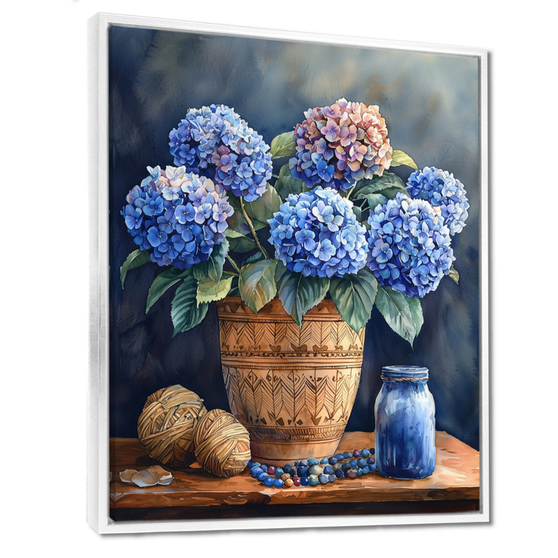 Hydrangeas in a Tribal Vase - Hydrangea, reproduction d'art sur toile, Impression encadrée sans passe-partout, Blanc