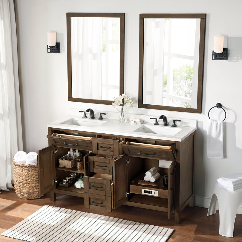 Ensemble de meuble-lavabo double 60 po avec miroir OVE Decors Tahoe, Latte amande, Blanc