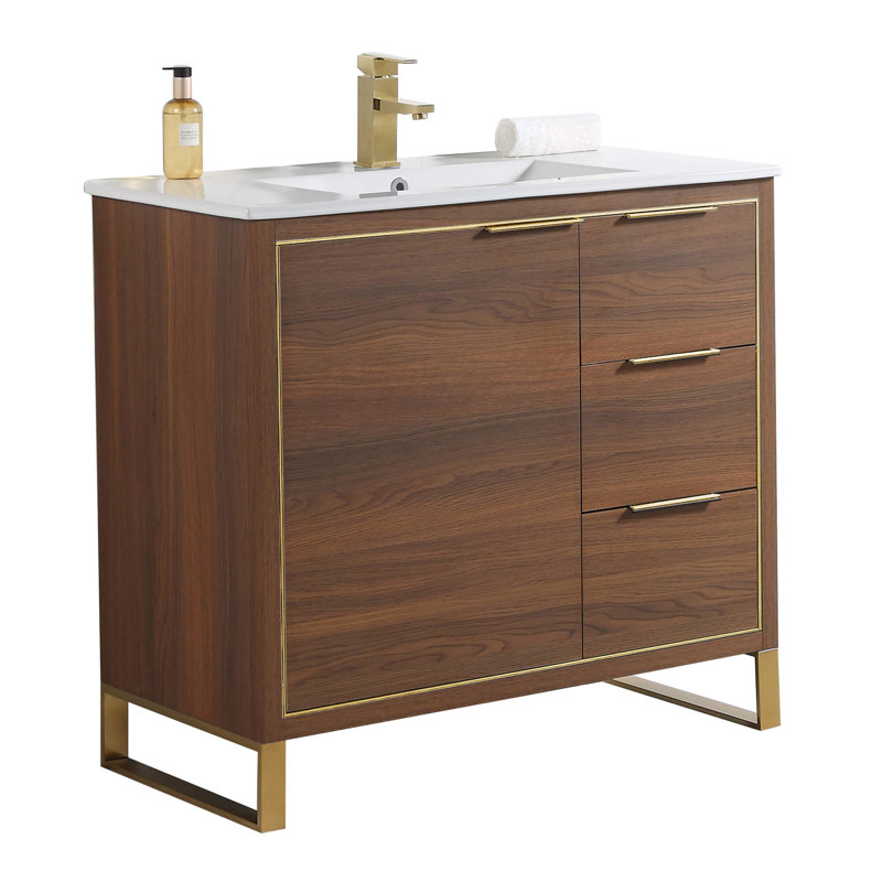 36" Single Bathroom Vanity Set, Satin Brass, Walnut
