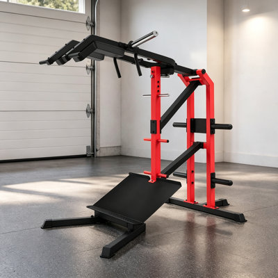 Levier Hack Squat Machine, appareil de musculation pour le bas du corps 4-en-1 avec presse à l'épaule, soulèvement et fentes du mollet, équipement de gymnastique à la maison robuste avec capacité de charge de 1000 lb, noir et rouge