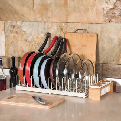 Expandable lid organizer with 11 adjustable compartments & 10 no-tool dividers—heavy-duty carbon steel kitchen cabinet storage for pots, pans, lids, cutting boards & baking sheets.