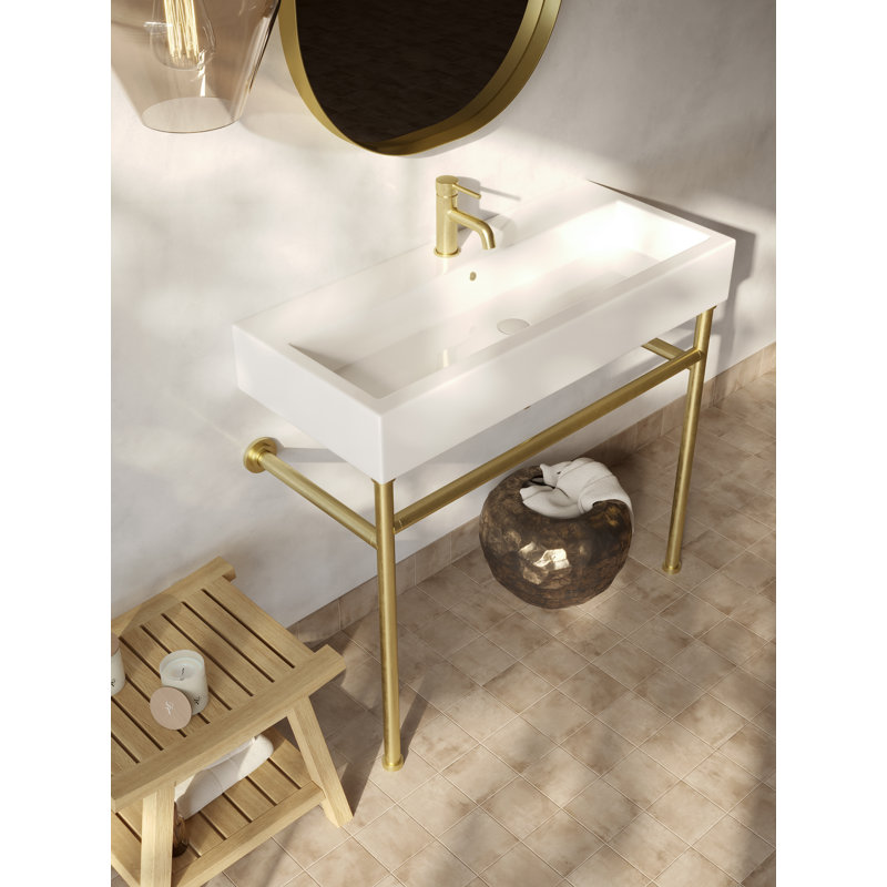 Kingston Brass New Haven 39-Inch Porcelain Console Sink with Stainless Steel Legs (1-Hole), White/Brushed Brass