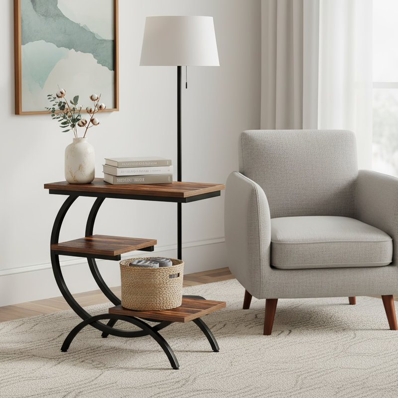 Table de bout industrielle en forme de C avec tablettes à 3 niveaux, petite table d'appoint pour salon, chambre à coucher et table de chevet