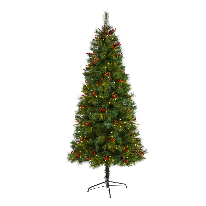 Arbre de Noël artificiel pin vert avec lumières claires/blanches, H 7 pi