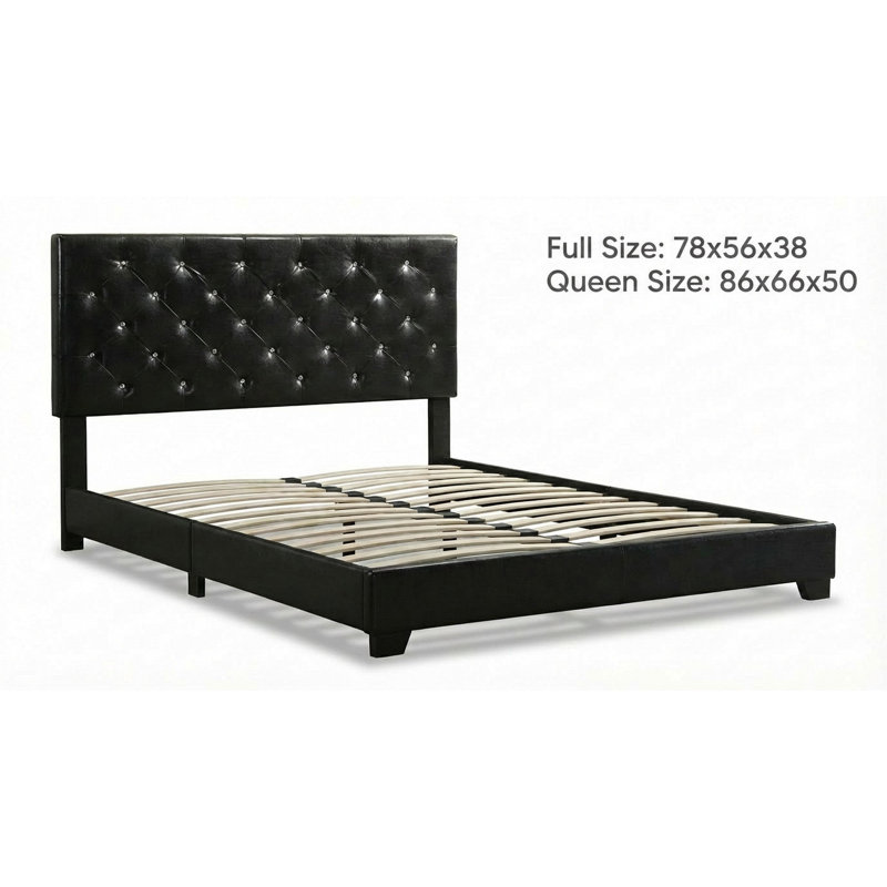 Structure de lit tapissier moderne en similicuir avec tête de lit haute rembourrée, tête de lit capitonnée, système de support de matelas à lattes en bois robuste, aucun sommier requis, assemblage facile