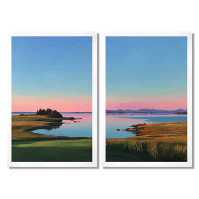 Summer Sunrise Meadows In Canada - Vancouver Canvas Wall Art, Pink Cityscape Framed Wall Art Set Of 2