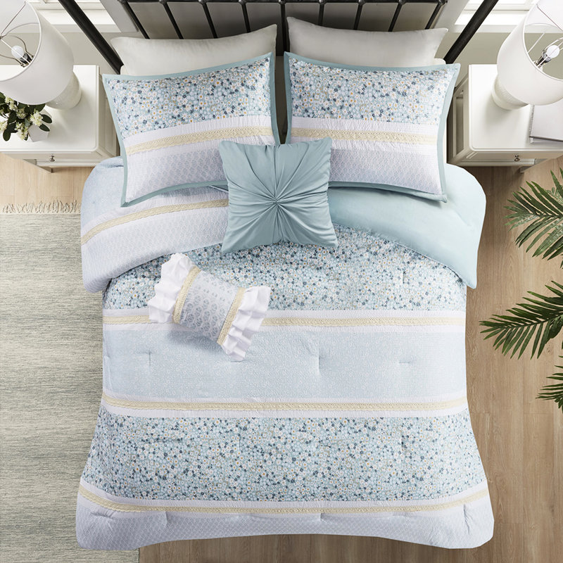 Literie en seersucker double / grand avec coussins décoratifs - Shabby chic en édredon imprimé floral de style jaune et bleu