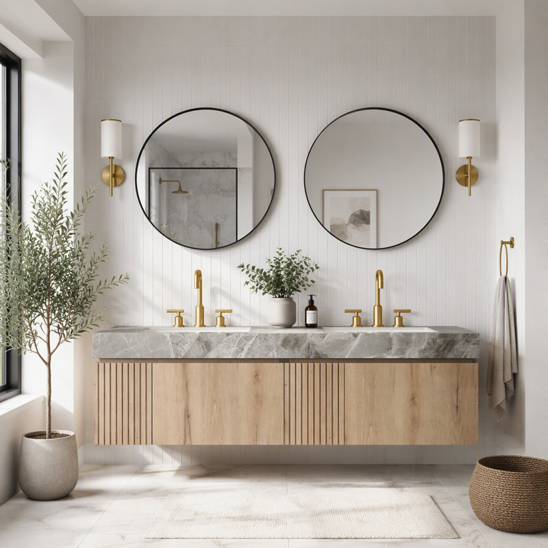 Meuble-lavabo de salle de bain avec lavabo, armoire en contreplaqué flottant, plateau en pierre frittée gris clair, 2 lavabos en céramique, 3 trous de robinet, pré-assemblé
