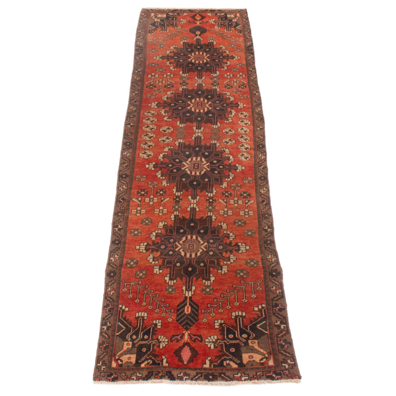 Tapis de couloir unique en laine noué à la main de style années 2000 de 3 pi 3 po x 11 pi 11 po en rouge / brun / bleu marine Anetria