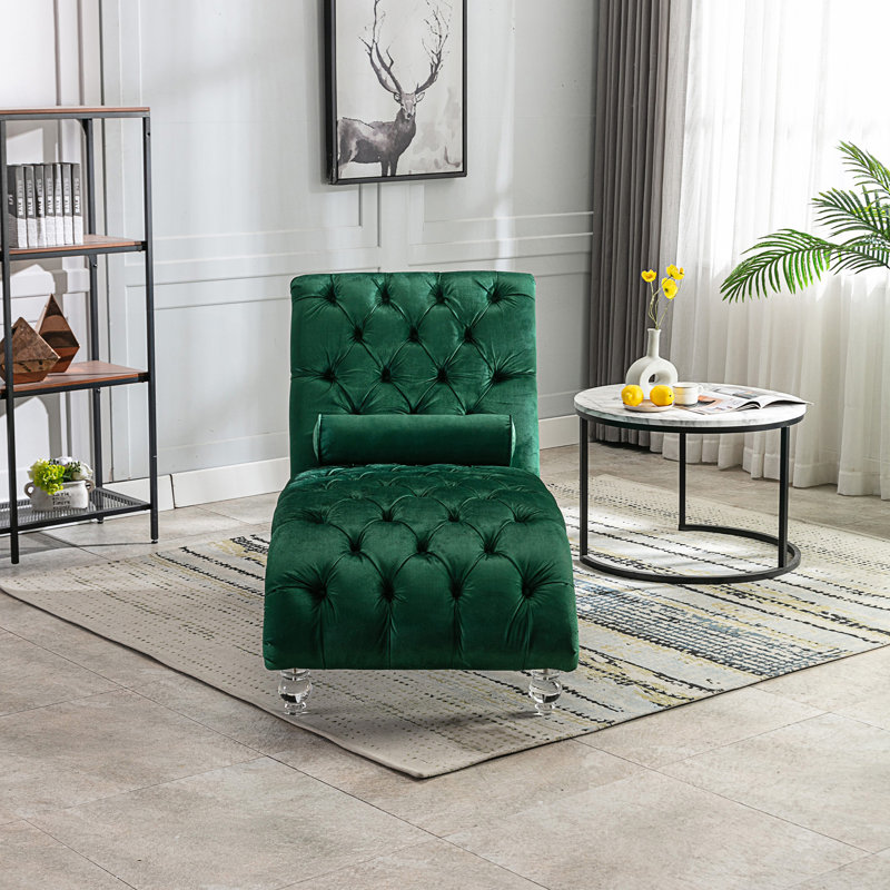 Chaise longue d'intérieur rembourrée capitonnée à boutons avec coussin, Émeraude