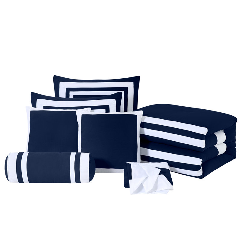 Hotel Style 7 Piece Comforter Set, King Comforter + 6 Additional Pieces, Navy/White