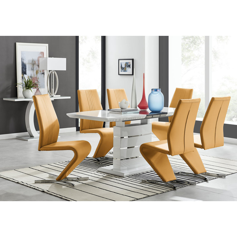 Everson High Gloss Extendable Dining Set with 6 Luxury Faux Leather Upholstered Dining Chairs, Mustard Yellow
