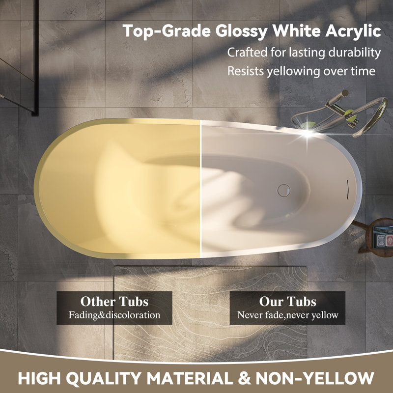 59'' x 29'' Acrylic Freestanding Flatbottom Slipper Soaking Bathtub Gloss White , 59" L x 29 1/8" W x 27 1/2" H