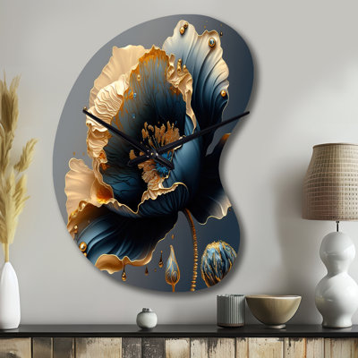 Deep Blue And Gold Single Flower IV - Irregular Shape Floral Metal Wall Clock, Blue Wall Clock Print
