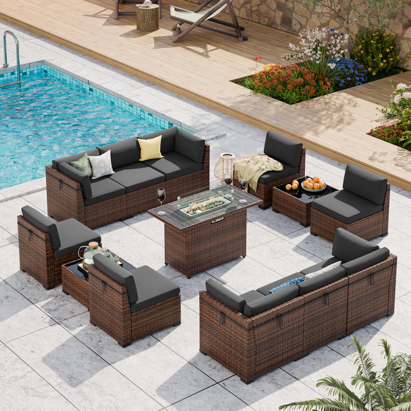 10 Person Outdoor Rattan Modular Sectional Seating Group with Firepit Table, Gray, 10