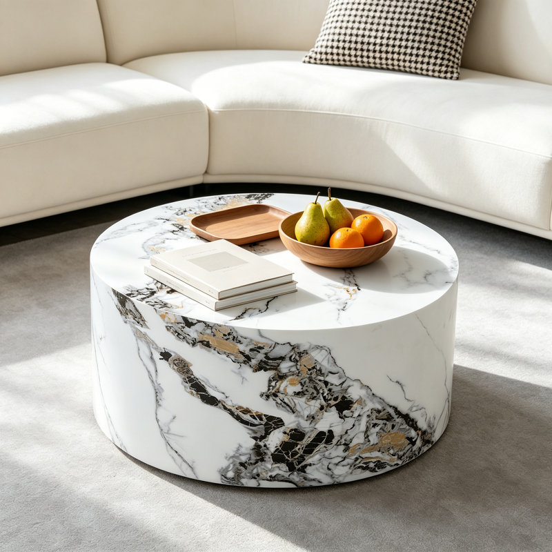 Table basse simple simple en MDF texturé Marbletexture: 23,6 po de diamètre x 11,8 po de hauteur, Blanc