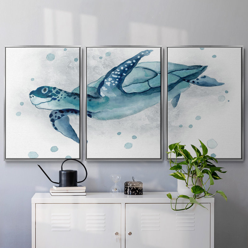 «Blue Turtle II», peinture sur toile 3 pièces, H 36 po x l 75 po, Encadrement argenté
