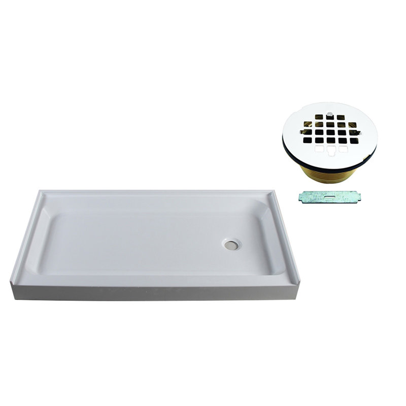 Base de douche à seuil simple l 60 po x P 34 po avec couvercle de drain, Blanc thermolaqué