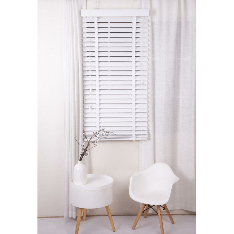 Faux Wood Venetian Blinds with Fabric Tape, Moisture-Resistant Horizontal Slats & Cord Control for Windows, White