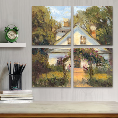Ensemble de 4 panneaux muraux - Marilyn Wendling «Sweet Cottage II», art mural sur toile pour le salon, la chambre à coucher ou le bureau 