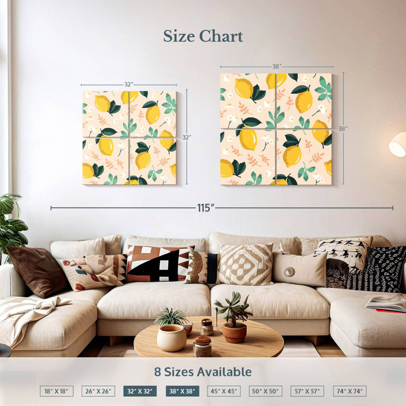 Motif Yarlin citron et fleurs, H 32 po x l 32 po