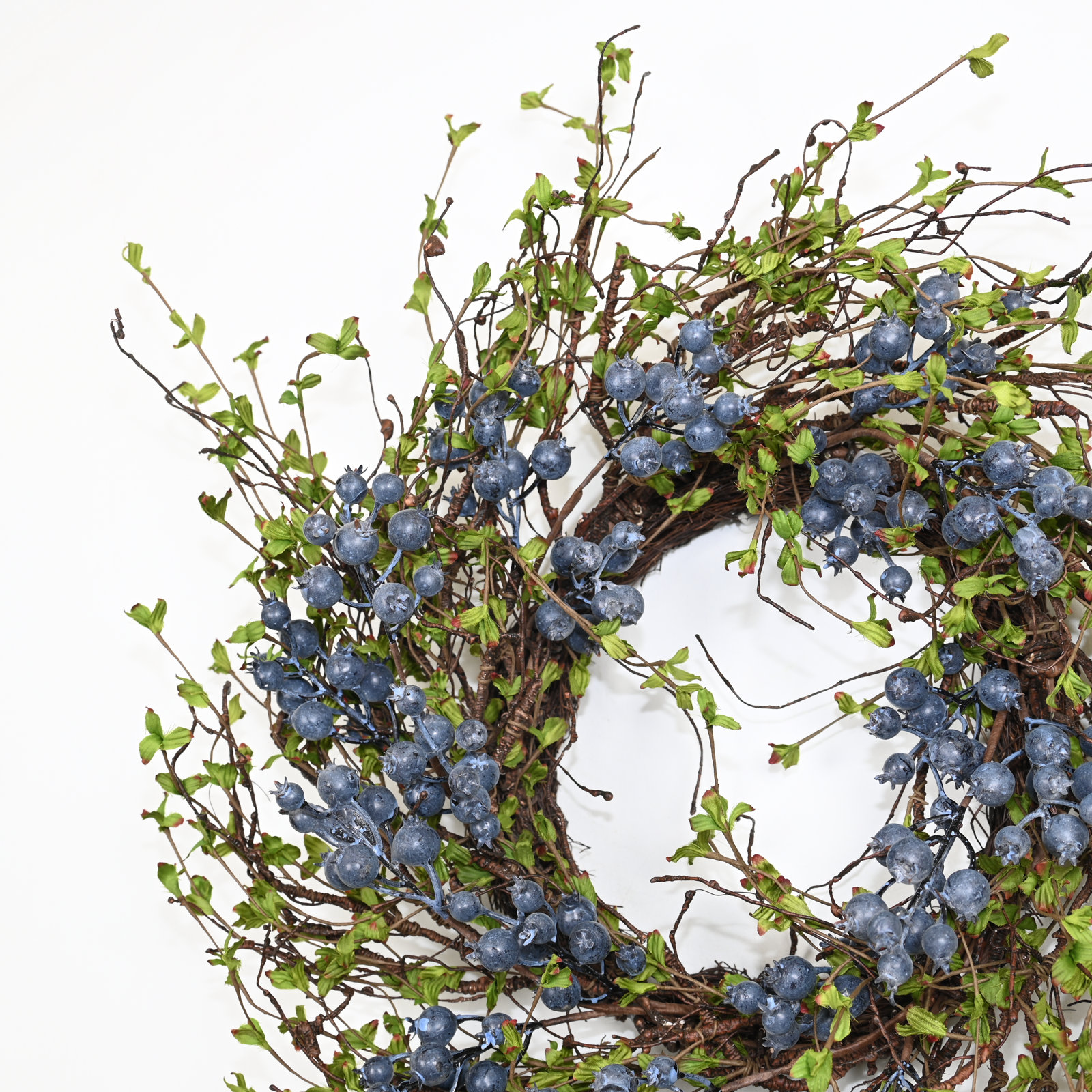 24" Handcrafted Berry Leaves No Holiday Wreath, Blue/Green