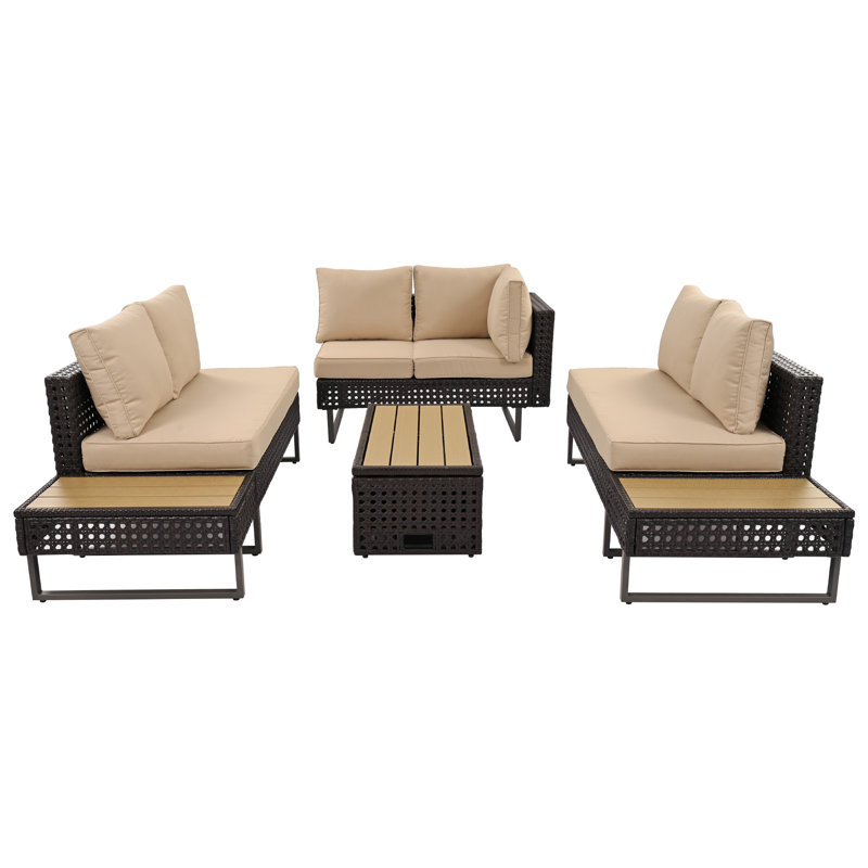 Ensemble modulaire de patio à tissage en losange pour 6 personnes K & k avec table basse extensible, seau à glace, table d'appoint, coussins kaki