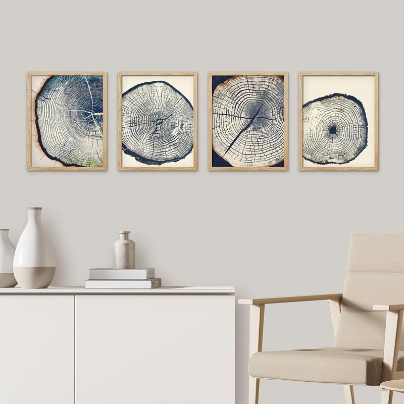 Rustic Navy Blue Wood Tree Ring Artwork Living Room Pictures Framed Wall Art 4 Pieces Paper Print, 14" H x 11" W, Natural