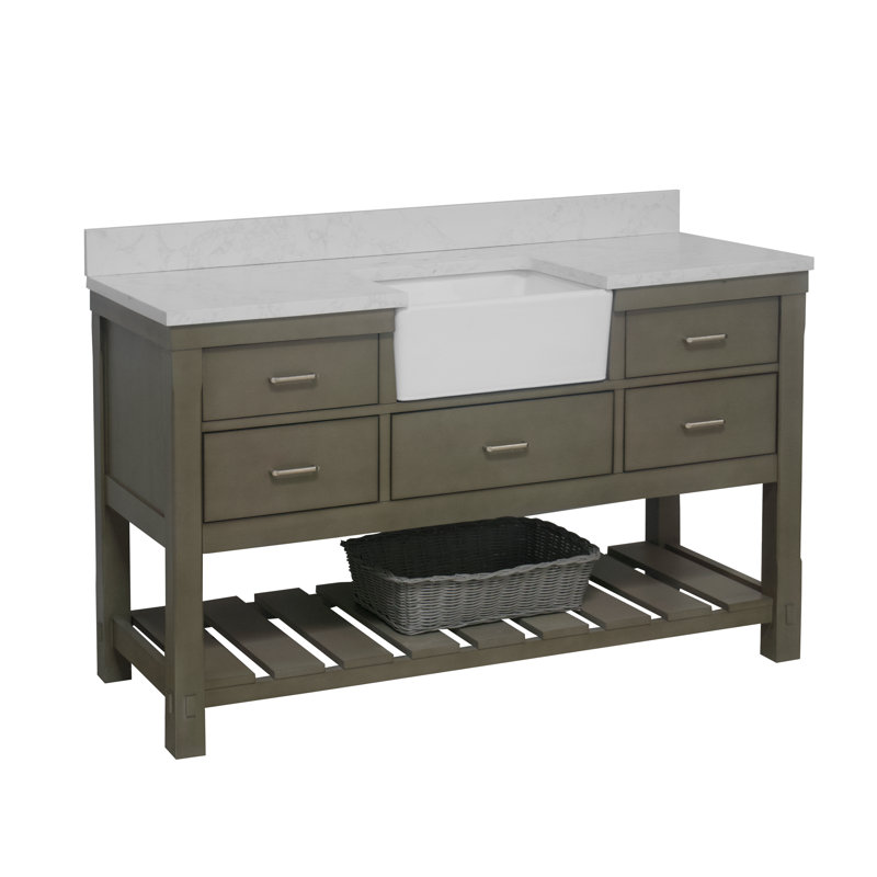 Ensemble de meuble-lavabo simple 60 po Hitton, Gris patiné, Carrare d'ingénierie