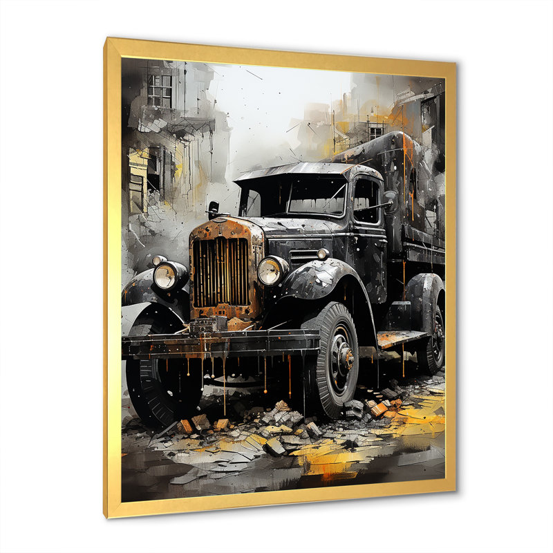 " Old Black Garbage Truck ", Gold Single Picture Framed, 20" H x 12" W x 1" D
