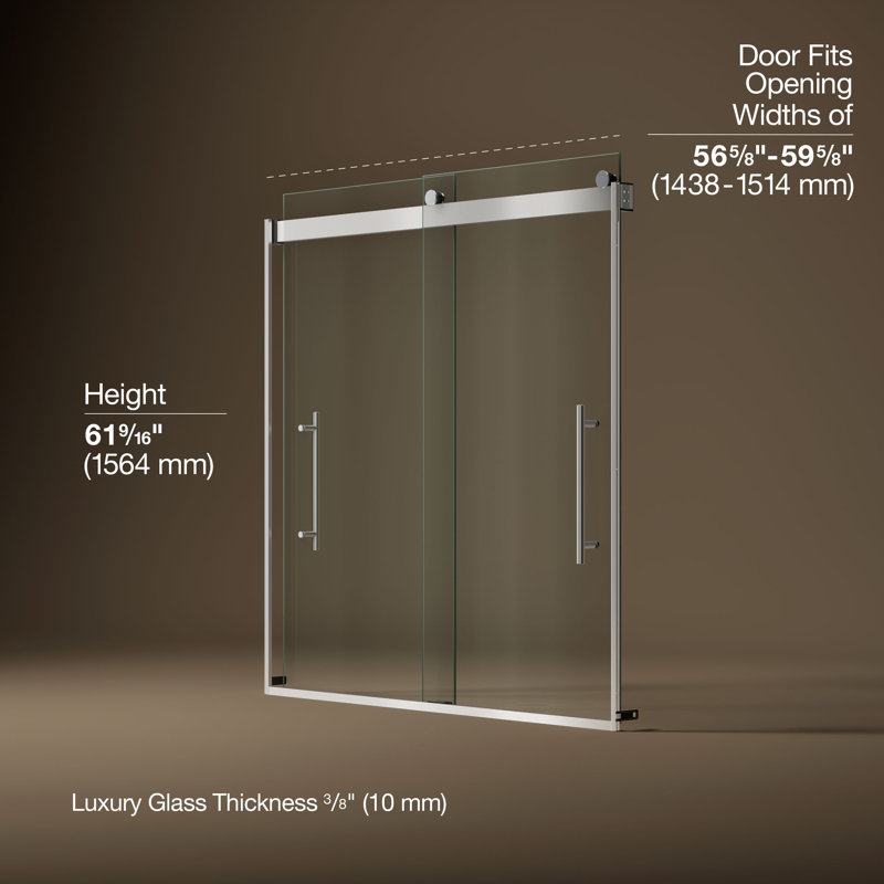 Levity Plus Less Sliding Bath Door, 61-9/16 In. H X 56-5/8 - 59-5/8 In. W, With 3/8 In.-Thick Crystal Clear Glass, Silver