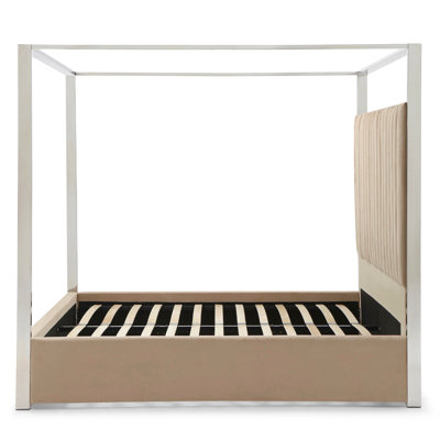 Jeffrey Canopy Velvet Upholstered Queen Bed Frame In Camel