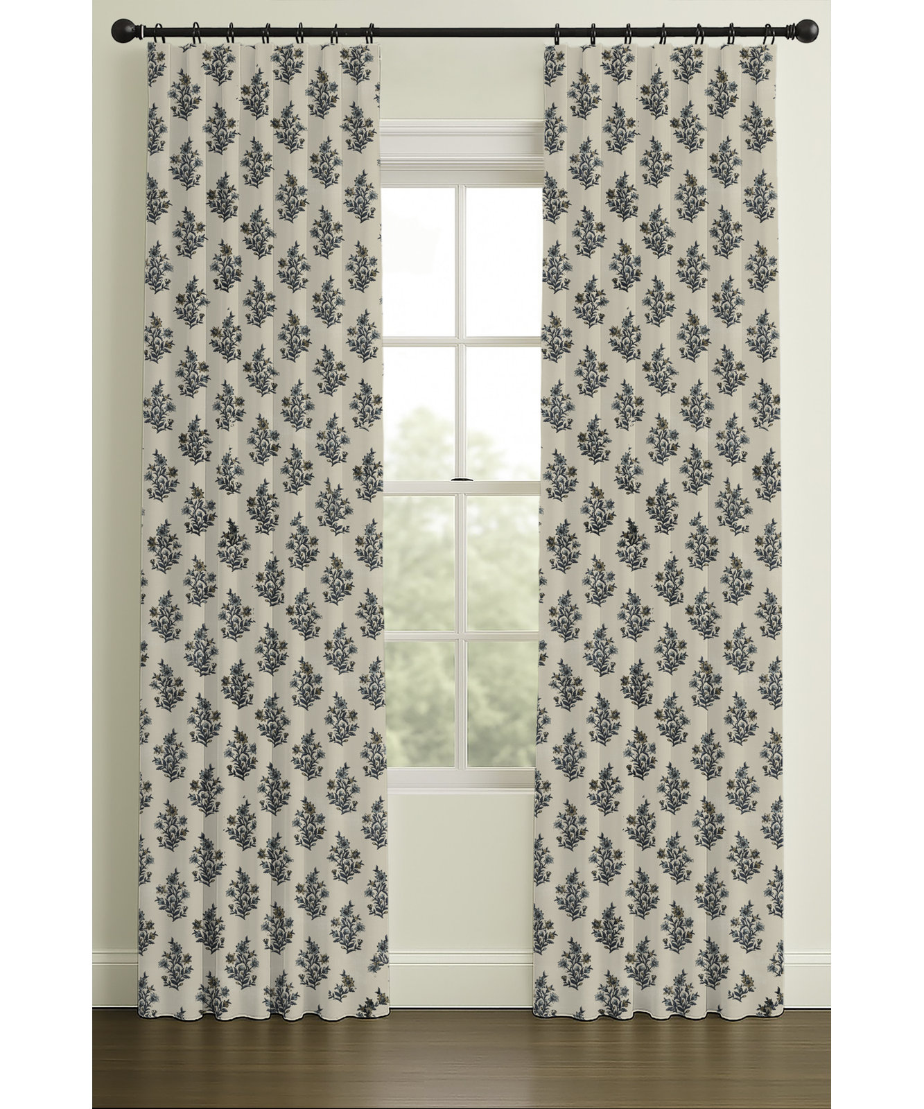 Nichols Floral Block Print Single-Lined Curtain, Blue